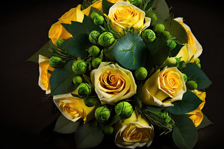 homemade bouquet with bright yellow roses and green leaves for congratulations flowers bouquet like as candies, created with generative aiの素材