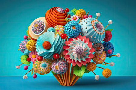 assorted multi-colored flowers bouquet like as candies on blue background, created with generative aiの素材