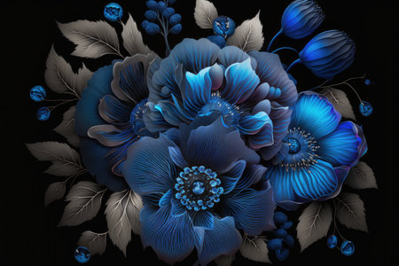 deep blue flowers bouquet like as candies on dark background, created with generative aiの素材
