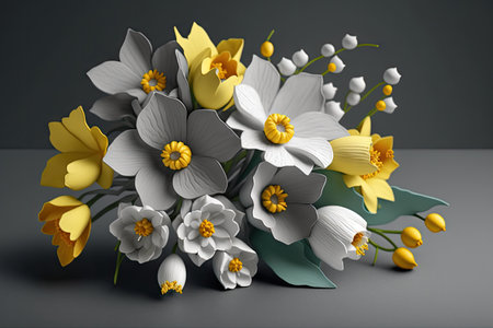 spring flowers bouquet like as candies with yellow daffodils and delicate petals on gray background, created with generative aiの素材