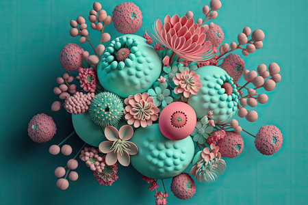 delicate flowers bouquet like as candies of bright pink color on turquoise background, created with generative aiの素材