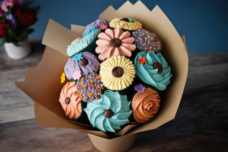 multi-colored festive flowers bouquet like as candies with cupcakes on board, created with generative aiの素材