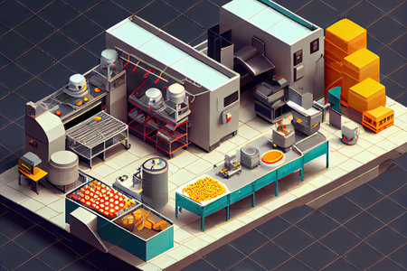 modern and streamlined food production plant, with conveyor belts and assembly lines, created with generative aiの素材