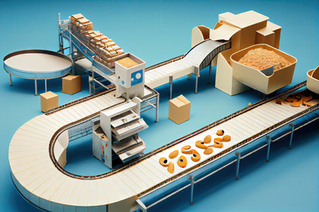modern and streamlined food production plant, with conveyor belts and assembly lines, created with generative aiの素材