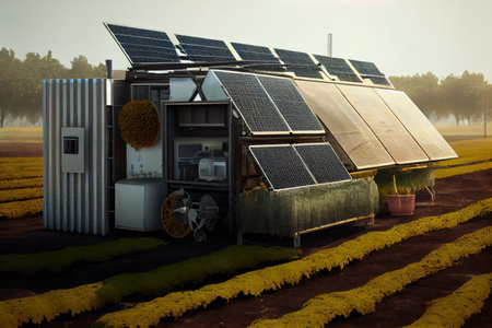 sustainable food production system, with solar panels and recycled materials, created with generative aiの素材