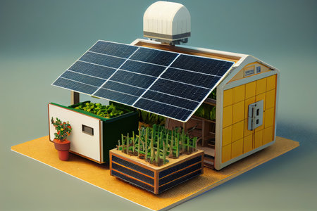 sustainable food production system, with solar panels and recycled materials, created with generative aiの素材