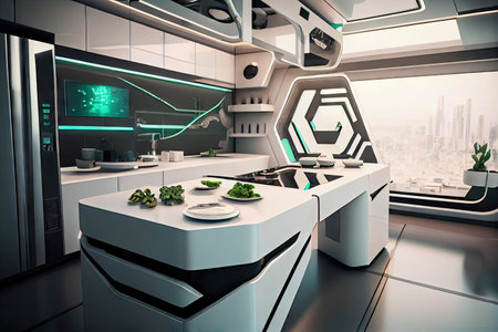 a futuristic kitchen, with sleek and futuristic appliances, producing healthy and nutritious food for the future, created with generative aiの素材