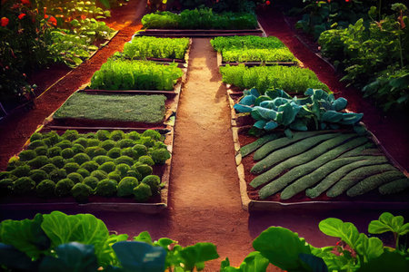 organic vegetable garden, with rows of fresh produce and herbs, created with generative aiの素材