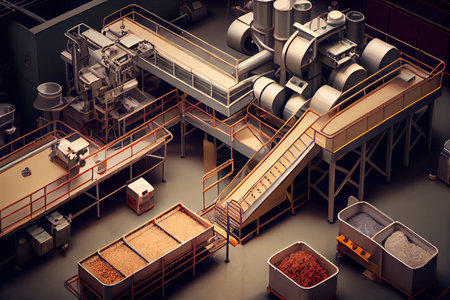 food production factory, with machines and conveyor belts churning out food products, created with generative aiの素材