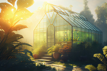 modern greenhouse, with the sun shining through and plants growing, created with generative aiの素材