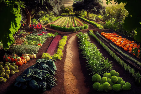 organic vegetable garden, with rows of healthy plants and fresh produce, created with generative aiの素材