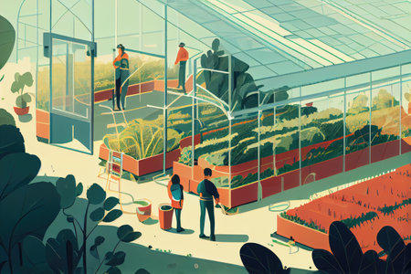 modern and sustainable greenhouse, with workers tending to plants and crops, created with generative aiの素材