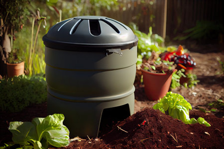 bokashi composting system in garden, producing healthy and nutritious food, created with generative aiの素材