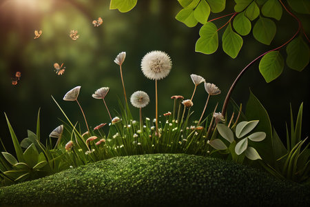 summer forest background with dandelion flower and four-leaf green clover, created with generative aiの素材