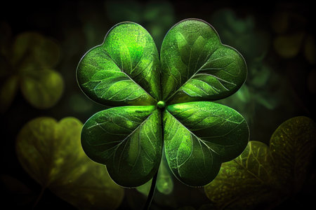 nature symbol of good luck and fortune four-leaf green clover on blurry background, created with generative aiの素材