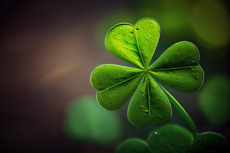 nature symbol of good luck and fortune four-leaf green clover on blurry background, created with generative aiの素材