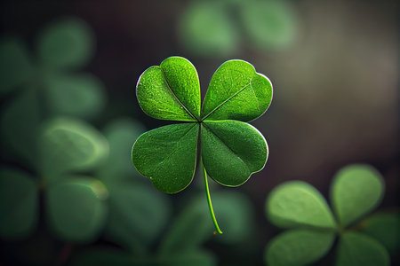 nature symbol of good luck and fortune four-leaf green clover on blurry background, created with generative aiの素材