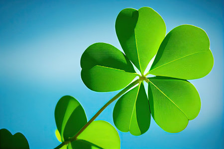 beautiful four-leaf green clover against background of clear blue sky, created with generative aiの素材