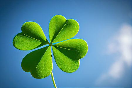 beautiful four-leaf green clover against background of clear blue sky, created with generative aiの素材