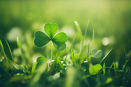natural green clover in grass on bright summer day, created with generative aiの素材