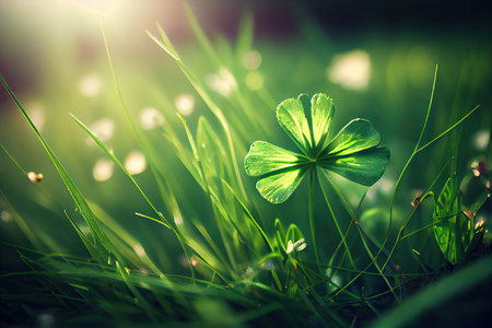 natural green clover in grass on bright summer day, created with generative aiの素材