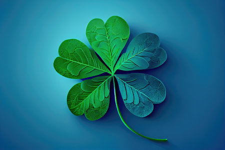 delicate floral four-leaf green clover with leaves on blue background, created with generative aiの素材