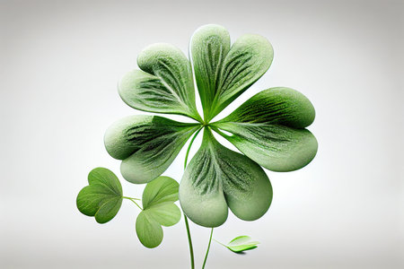 beautiful delicate green clover with four-leaf green clover on light background, created with generative aiの素材