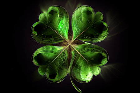 magic symbol of good luck and prosperity in form of four-leaf green clover, created with generative aiの素材