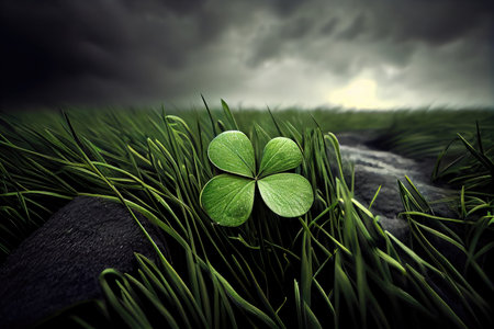 green lush grass with four-leaf green clover under grey cloudy sky, created with generative aiの素材