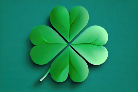 green four-leaf green clover leaf with white center on teal background, created with generative aiの素材