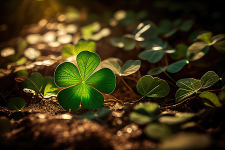 four-leaf green clover lying on forest floor in rays of sun, created with generative aiの素材