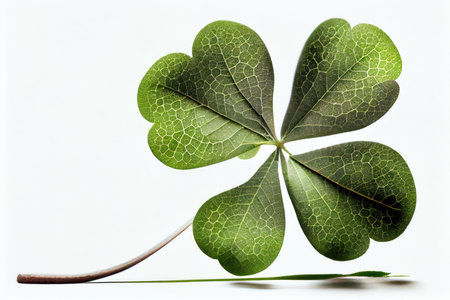 four-leaf green clover lying on thin stem isolated on white background, created with generative aiの素材