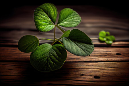 natural four-leaf green clover plant on wooden table, created with generative aiの素材