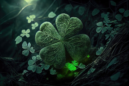 magic four-leaf green clover with glowing edges among forest bushes, created with generative aiの素材