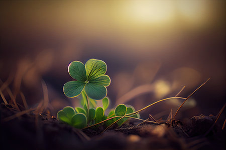 small four-leaf green clover in field on blurry background, created with generative aiの素材