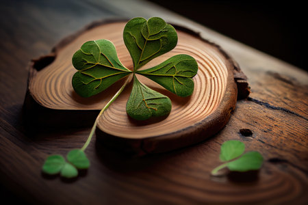 delicate nature symbol in form of four-leaf green clover lying on table, created with generative aiの素材