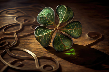 delicate nature symbol in form of four-leaf green clover lying on table, created with generative aiの素材