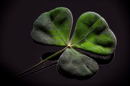 four-leaf green clover with white edging on dark background side view, created with generative aiの素材