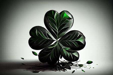dark four-leaf green clover with shiny leaves on light background, created with generative aiの素材