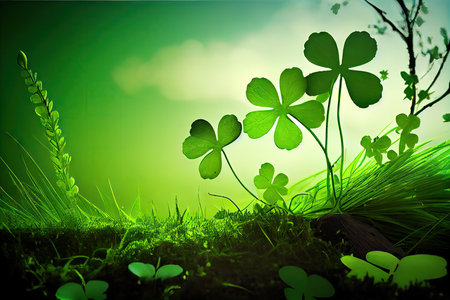 green summer meadow with empty four-leaf green clover leaves, created with generative aiの素材
