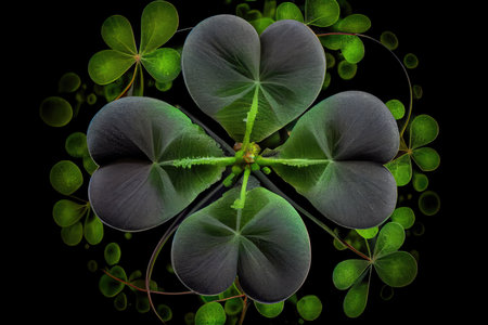 coating of round four-leaf green clover on dark background, created with generative aiの素材