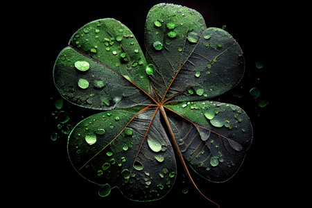 coating of round four-leaf green clover on dark background, created with generative aiの素材