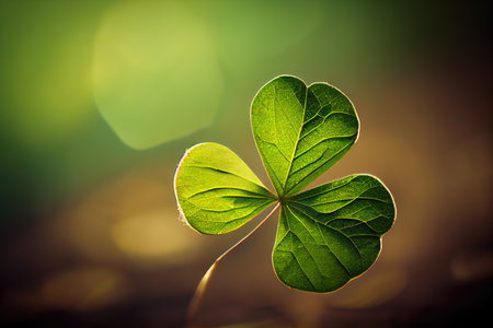 single leaf with four-leaf green clover on blurred background, created with generative aiの素材