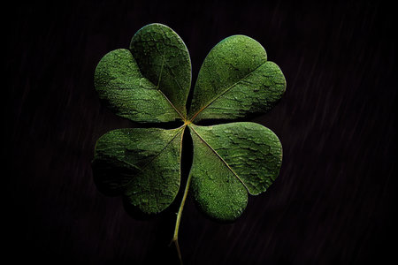 small four-leaf green clover on dark green background, created with generative aiの素材