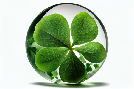 small round four-leaf green clover isolated on white background, created with generative aiの素材