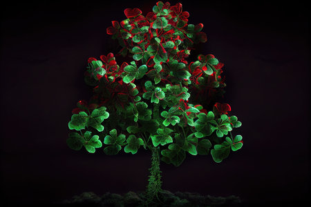 christmas tree with little red four-leaf green clover, created with generative aiの素材