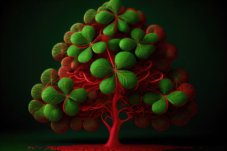 christmas tree with little red four-leaf green clover, created with generative aiの素材