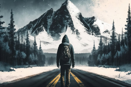 character, standing on snowy road with view of frosted trees and mountains in the background, created with generative aiの素材