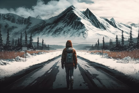 character, standing on snowy road with view of frosted trees and mountains in the background, created with generative aiの素材