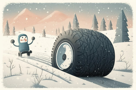 humorous illustration of character driving through snowy landscape with mismatched tires, created with generative aiの素材
